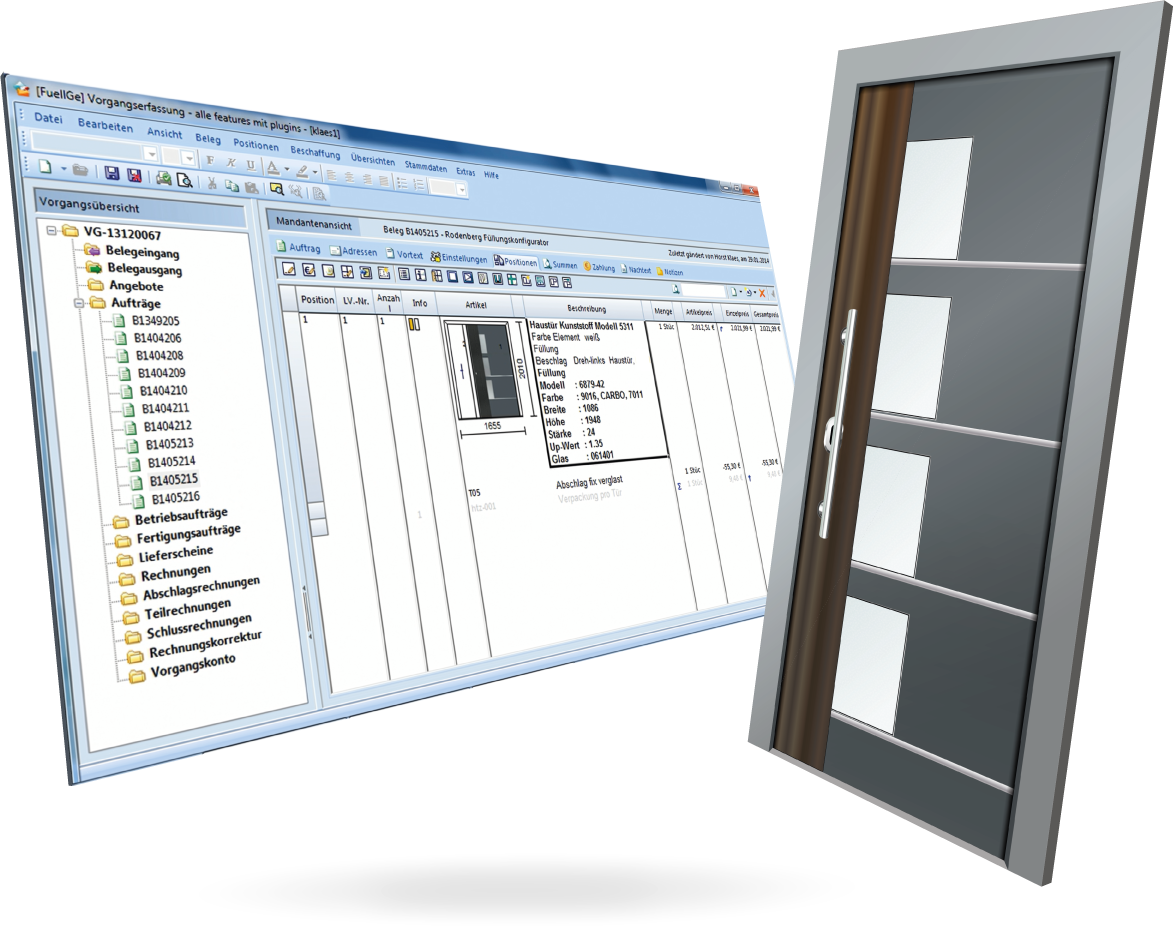 Přední dveře a snímek obrazovky softwaru pro stavbu oken