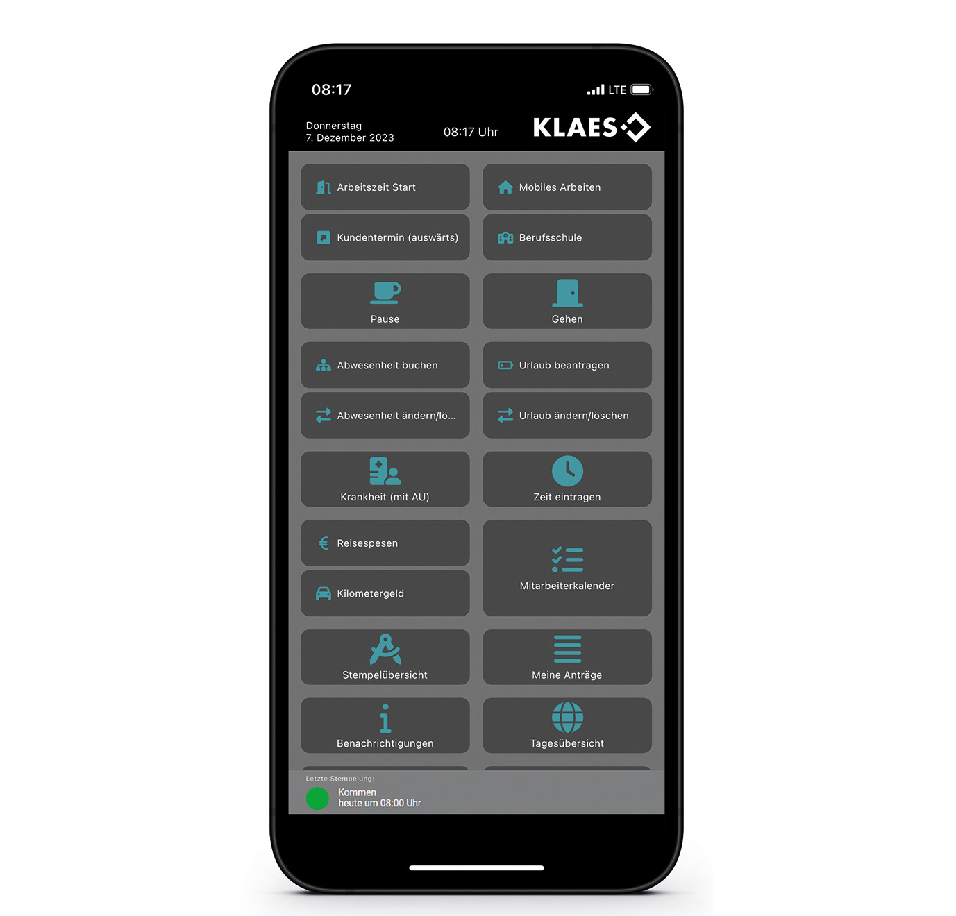 Smartphone on which the time recording solution can be seen